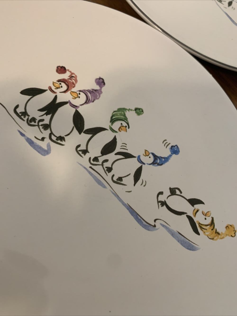 5 PFALTZGRAFF CHINA "PENGUIN SKATE' SALAD PLATES CHRISTMAS HOLIDAY SKATING SNOW